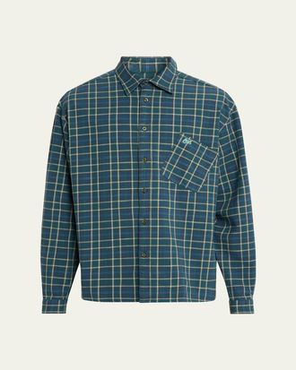 ERL Mens Cotton Plaid Overshirt with Asymmetric Logo Pocket