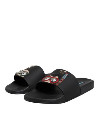 Dolce & Gabbana Black Divers Leather Flats Slides Sandals Beachwear Mens Shoes