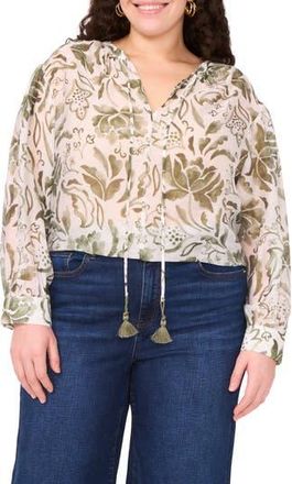 Vince Camuto Oversize Tie Front Long Sleeve Top in Olive Mist Floral at Nordstrom Rack, Size 1X