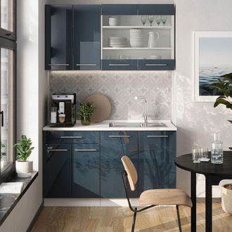 Vicco Cocina Para Solteros Fame-line, Azul Oscuro Alto Brillo/blanco, 140 Cm, Et Antracita