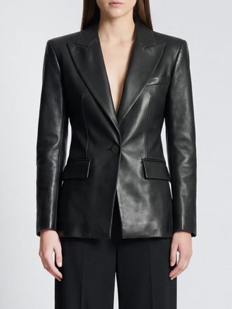 Balmain Slim Fit Cropped Lambskin Leather Blazer with Peak Lapels