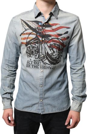 John Galliano Light Blue Printed Cotton Denim Long Sleeves Mens Shirt
