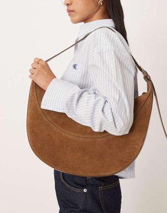 Accessorize Borsa da spalla arrotondata color cuoio in pelle scamosciata-Marrone