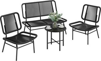 OUTSUNNY Conjunto De Jard&iacute;n Exterior De Rat&aacute;n, Muebles Jard&iacute;n Exterior 4 Piezas Incluye Sof&aacute; 2 Plazas, 2 Sillas, Mesa Centro Con Tapa Met&aacute;lica, Negro