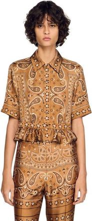 Sandro Bandana print cropped shirt in Brown /Black at Nordstrom, Size X-Small