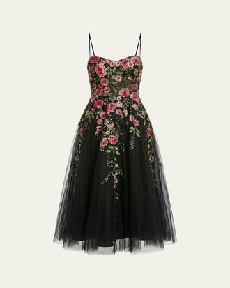 Mac Duggal Floral-Embroidered Tulle Midi Dress