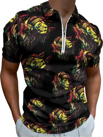 Generic Rasta Reggae Music Jamaican Lion Mens Polo Shirt Zippered Short Sleeve Golf T-Shirt Tee Summer Top
