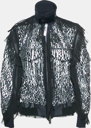 sacai Navy Blue/silver Sequins Ruffled Bomber Jacket
