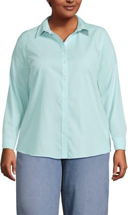 Lands End No Iron Supima Cotton Long Sleeve Shirt in Bright Aqua Breeze Mini Stripe at Nordstrom, Size 22W