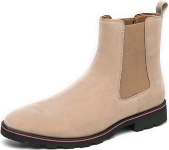 Generic Mens Slip On Suede Leather Chelsea Boots Comfort High Top Pointed Toe Pull On Business Casual Dress Ankle Boots (8.5,Beige)