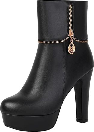 Generic Womens Platform Ankle Boots Round Toe Super High Chunky Heel With Side Zipper For Stylish Everyday Wear