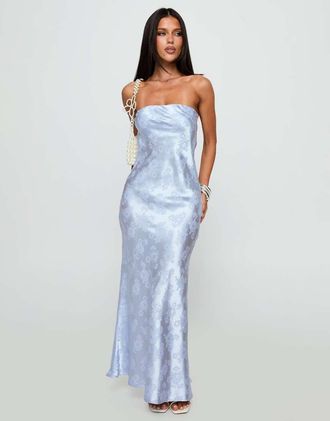 Princess Polly Haley - Vestito lungo a fascia in raso jacquard a fiori azzurro con scollo ad anello con allacciatura sul retro-Blu
