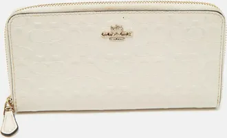 Coach White Signature Embossed Leather Long Zip Around Wallet