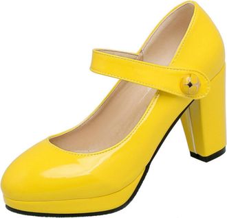 Generic Womens Mary Jane Spring Autumn Shoes - Ankle Strap Block Heel Pumps Retro Work Daily Casual Heels,Yellow,1.5 UK
