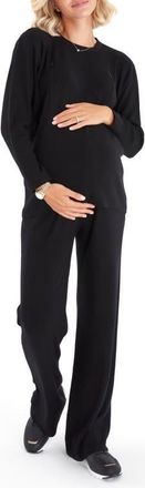 Accouch&eacute;e Effortless Elegance Set with Rib Side Zip Long Sleeve Top & Lounge Pants in Black at Nordstrom
