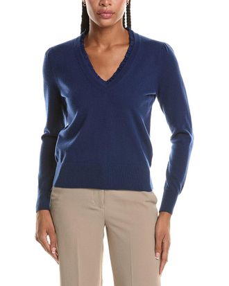 N.Peal N. PEAL Ruffle Trim V-Neck 100% Cashmere Sweater