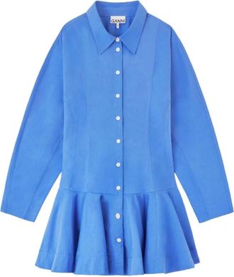Ganni Abito camicia in cotone con gonna a palloncino - - Dresses - Donna - Blu - S