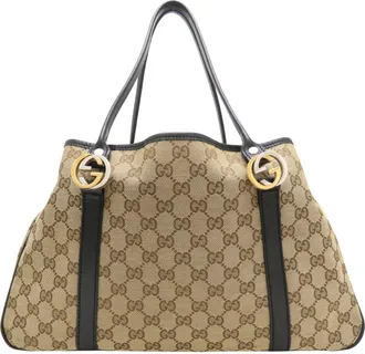 Gucci Beige Black Gg Canvas Leather Tote Bag (Pre-Owned)