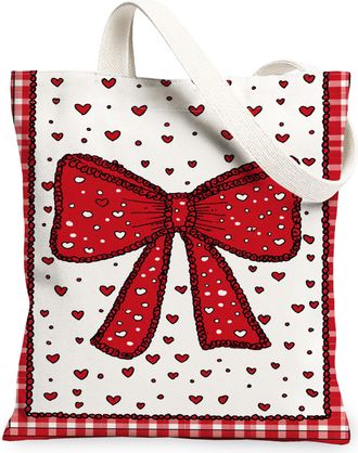 Generic ValentineS Day Hearts Canvas Tote Bags, Adorable Bow Pattern Reusable Shopping Bags, Lightweight Washable Shoulder Strap C, Red, 13x15 Inch