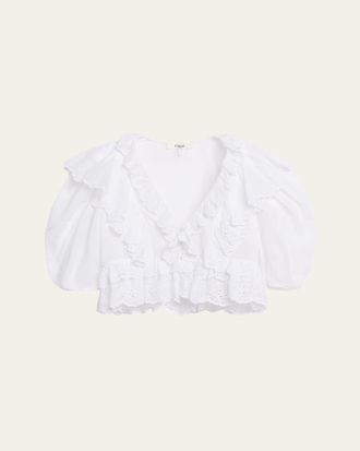 Chlo&eacute; Ruffled Eyelet Cotton Puff-Sleeve Crop Top