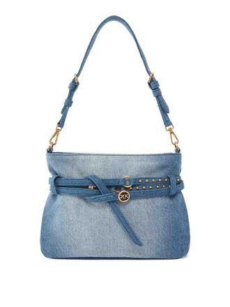Pinko Small Belt Shoulder Bag In Denim Blue Suede