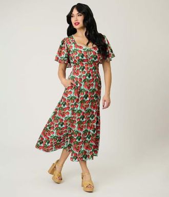 Unique Vintage Short Puff Sleeve Sweetheart Neck Godet Midi Dress in Blue W/Tomato Print at Nordstrom, Size X-Small