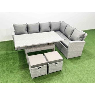 Fimous Rattan Garden Furniture Set Outdoor 8 Seater Patio Dining Corner Sofa Sets with Dining Table 2 Small Footstools Light Grey Mixed - Fimous