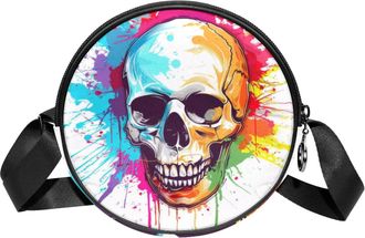 Generic Circle Crossbody Bag for Women, Skull Small Sling Bag Daypack with Zipper Adjustable Shoulder Straps Casual Ladies Girls Round Purse