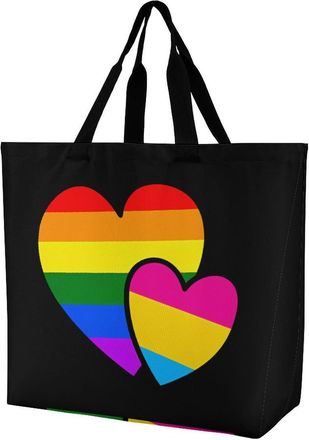 Generic LGBT Pansexual Double Love Hearts Reusable Shopping Bags One Shoulder Grocery Tote Bag Waterproof Big Purse for Work Travel