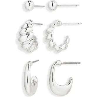 Nordstrom Rack Demi Fine Set of 3 Ball Stud & Huggie Hoop Earrings in Silver at Nordstrom Rack