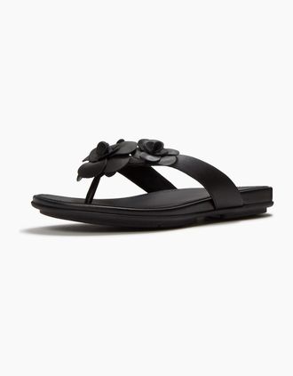 FitFlop Womens Fitflop Gracie Flower Leather Womens Black Flip Flops - Size: 6
