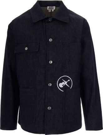 A.P.C. Button-Up Black Raw Denim Jacket with Classic Collar and Four Pockets