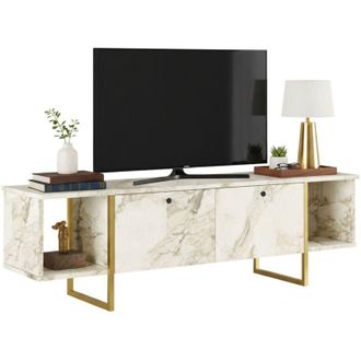 Dmora Dmora - Mobile porta TV Adalberta, Credenza da soggiorno, Armadio basso per TV, Base parete attrezzata, 160x40h48 cm, Bianco e Oro