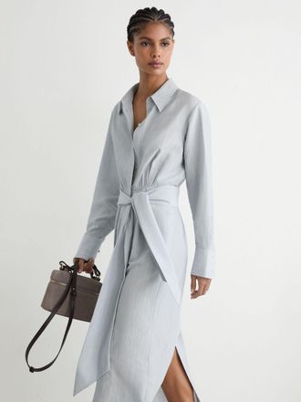 Reiss Blue -blend Tie-waist Shirt Dress, 12