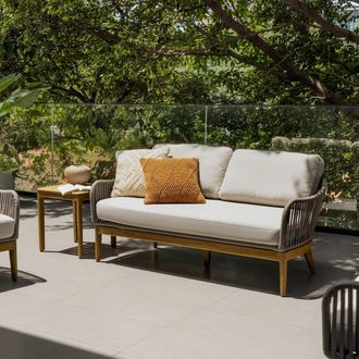 Castlery Isla Outdoor Loveseat, Solid Teak, Handwoven Rope Design, Multi Color