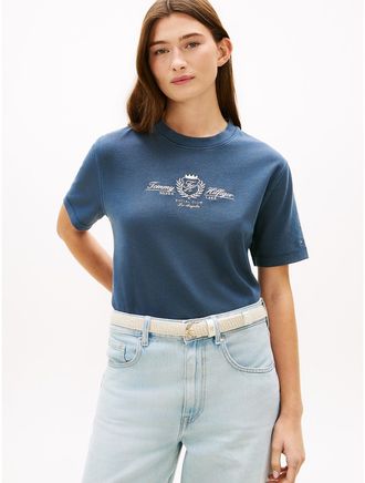 Tommy Hilfiger Womens Embroidered Club Crest Logo T-Shirt - Navy - XXS
