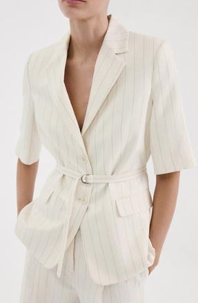 Mango Argelia Belted Short Sleeve Blazer in Ecru at Nordstrom, Size Medium