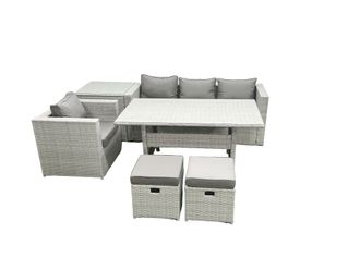 Fimous Rattan Garden Furniture Dining Set 6 Seater Lounge Sofa Chair Dining Table Set with 2 Small Footstools Side Table Light Grey Mixed