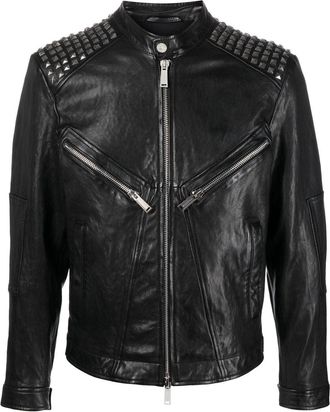 Dsquared2 studded leather biker jacket - men - Zinc/Ovine Leather (top grain)/Polyester - 48 - Black