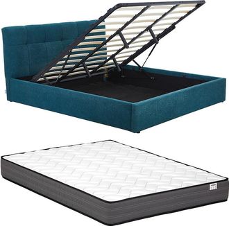 Vente-Unique Canap&eacute; abatible 180 x 200 cm - Tela boucl&eacute; - Azul petr&oacute;leo + Colch&oacute;n - MAZIRI