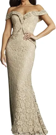 Jovani Embellished Lace Off Shoulder Sheath Dress In Cafe