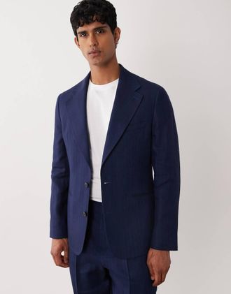 Asos Giacca da abito slim premium in misto lino blu navy