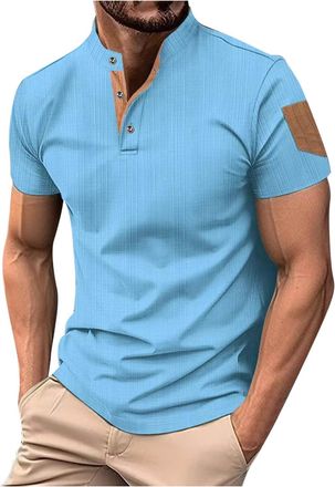 Generic Mens Henley T Shirts Summer Short Sleeve Mock Neck Collarless Shirts Casual 3 Buttons Plain Grandad Shirt Cotton Linen Comfy Tshirt Beach Holiday Top 