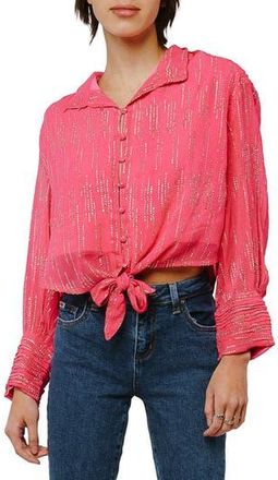 Ciebon Aurora Metallic Tie Hem Button-Up Top in Pink at Nordstrom Rack, Size X-Small