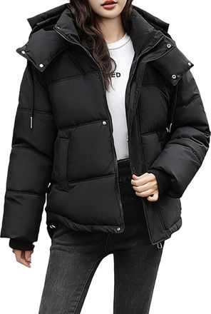 Generic Womens Winter Quilted Jackets Long Sleeve Padded Jacket Solid Bubble Puffer Coats with Pockets Hooded Short Coat Warm Down Jackets Windbreaker Overcoa