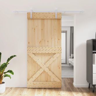 Berkfield Home Sliding Door with Hardware Set 95x210 cm Solid Wood Pine in Brown
