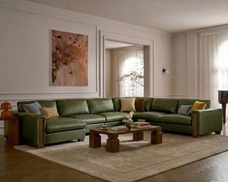 Castlery Tan France Kagan Leather 6-Piece L-Shape Sectional Couch with Left Chaise, Lugano Moss Green