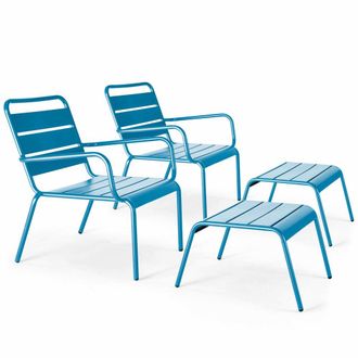 Oviala Lote de 2 sillones reclinables con reposapi&eacute;s de metal azul pac&iacute;fico
