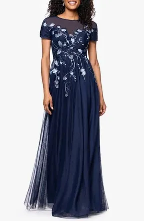 Betsy & Adam Embroidered Sequin Floral Bodice Mesh Gown in Navy/Multi at Nordstrom Rack, Size 14