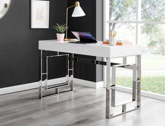 Furniturebox Cambridge White High Gloss Office/Gaming Desk With Silver Chrome Geometric Legs